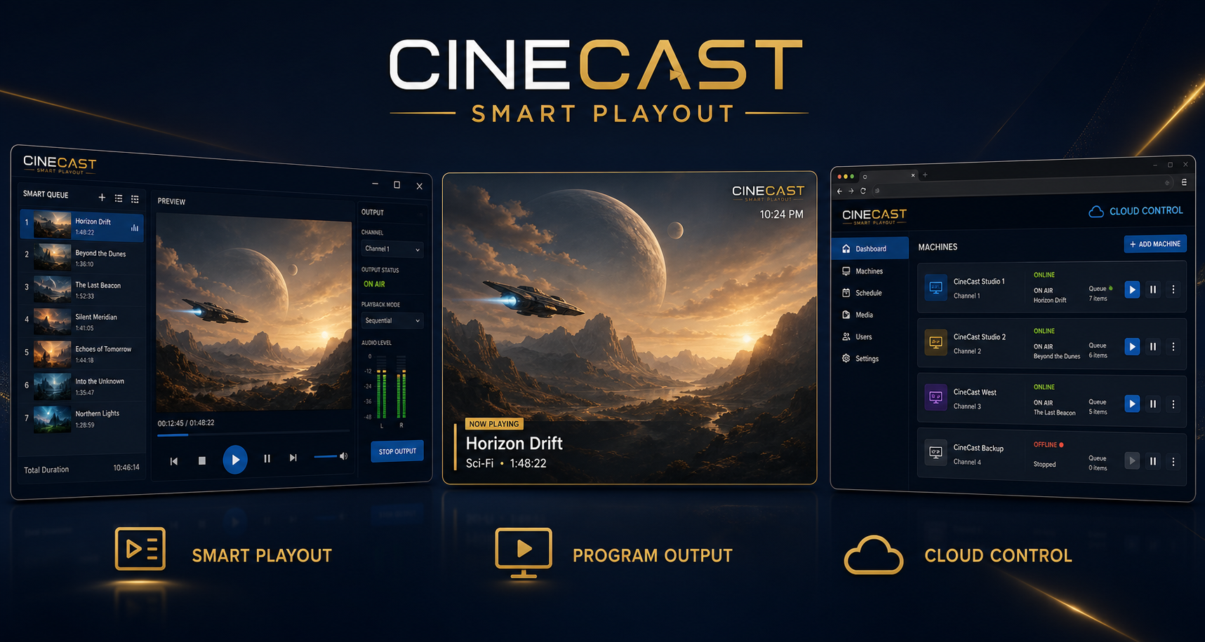 ภาพตัวอย่าง CineCast Smart Playout, Program Output และ Cloud Control